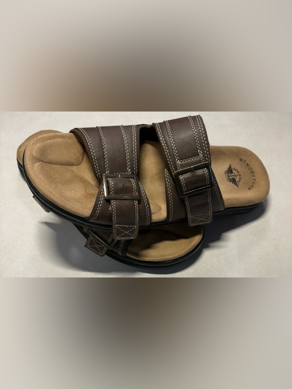Dockers Brown Two-Strap Buckle Slide Sandals